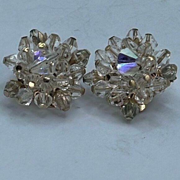 Vintage Jewelry - Vintage Aurora Borealis bi-cone starburst Midcentury glam clip earrings.
